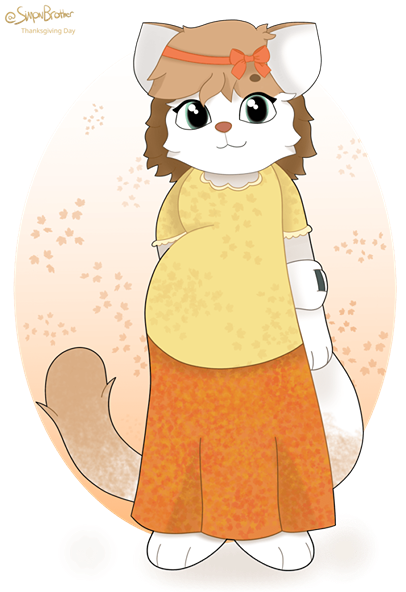 An anthromorphic cat named Olivia with a yellow-orange dress.