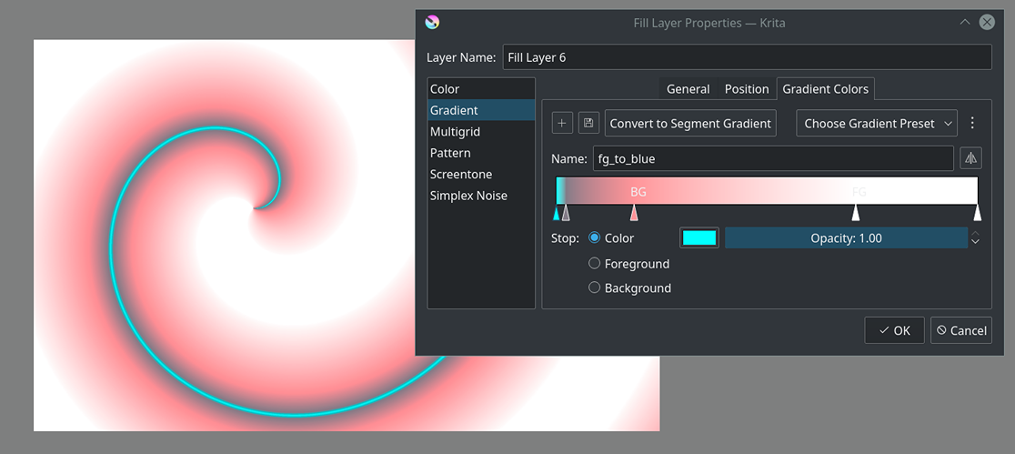 Showing the gradient fill layer and the new gradient editor.