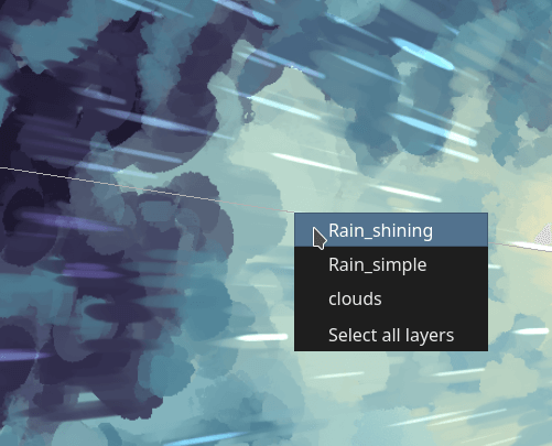 Vista del menu seleziona livelli in azione: un menu sulla tela con vista dei livelli dell'immagine, tra cui «pioggia_che_luccica, piogga_semplice, nuvole e seleziona tutti i livelli»