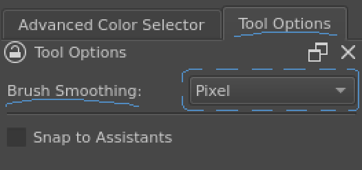 Panneau d'options des outils avec le « Lissage par brosse » positionné à « Pixel »