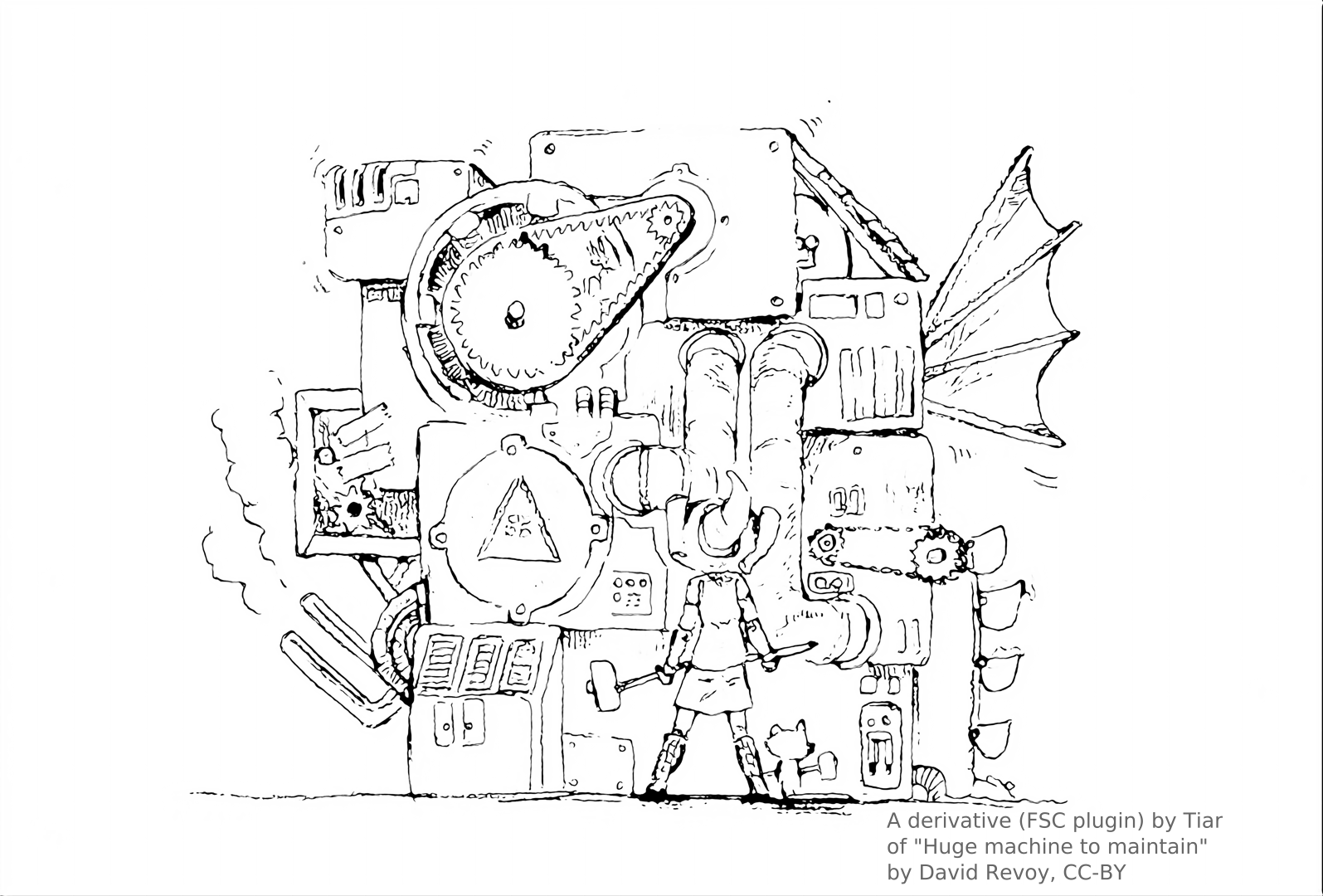 A derivative (SketchyModel at scale 2.0, then InkModel, scale 4.0) by Tiar of Huge machine to maintain by David Revoy, CC-BY