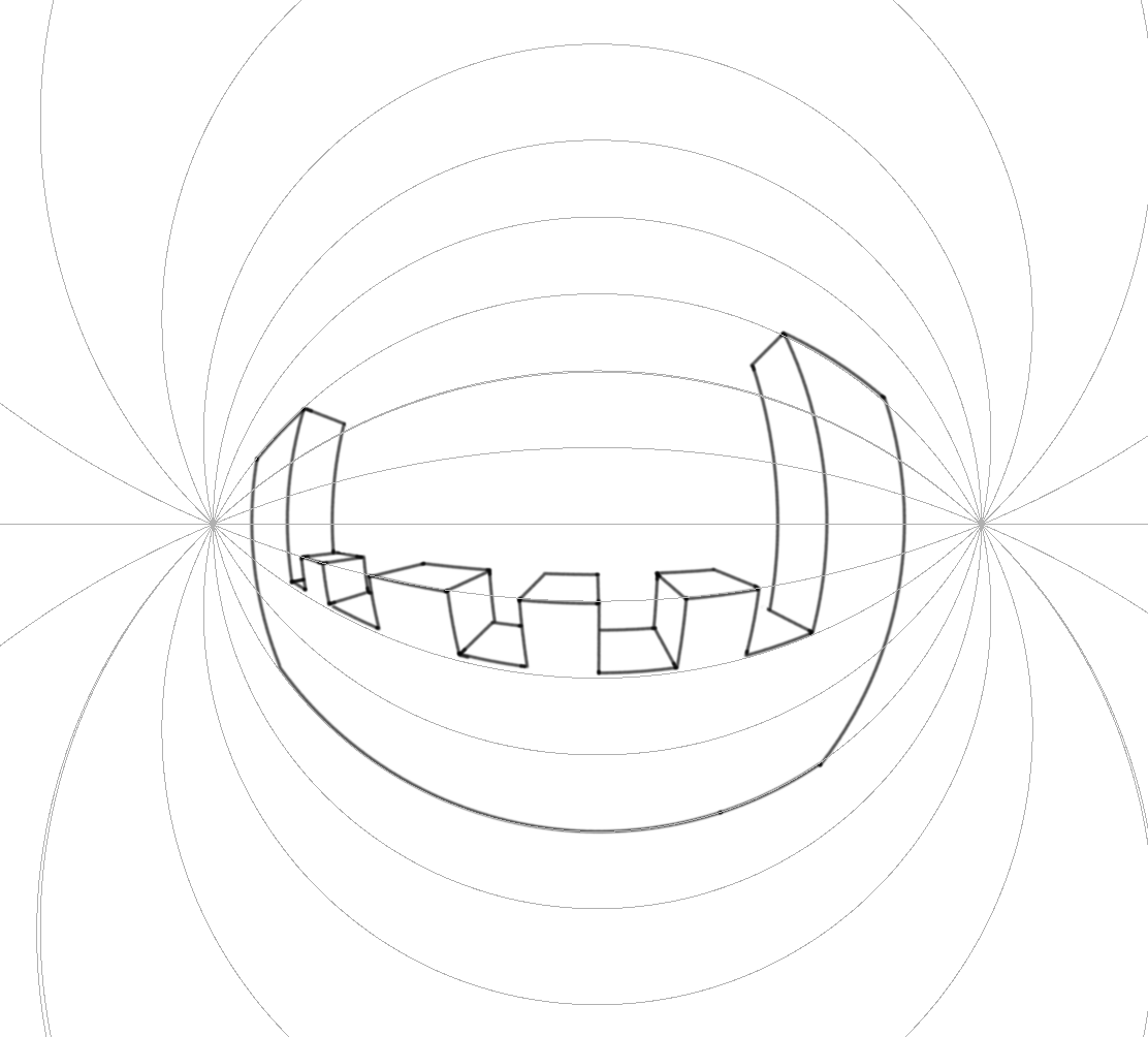 Sketch of a composition of blocks with the new curve linear perspective filter.