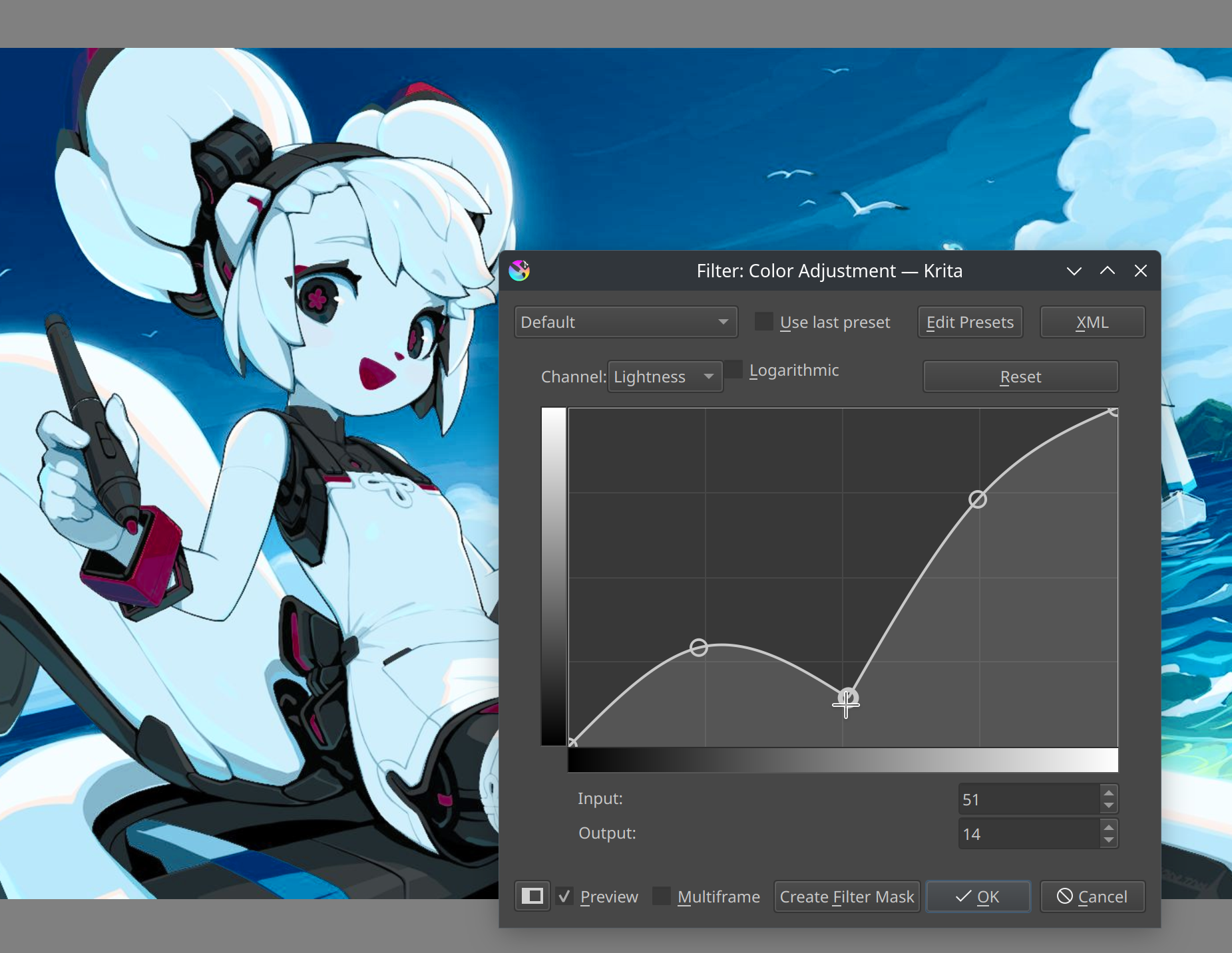 'Kiki Paints Over the Waves' splash, with a filter dialog overlaid. The filter dialog has a curve with a sharp corner in the middle.