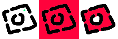 Three examples, first a line art with gaps, second without close gaps enabled, third with close gaps enabled. The second image is fully red, while the third only has red inside the perceived outline.